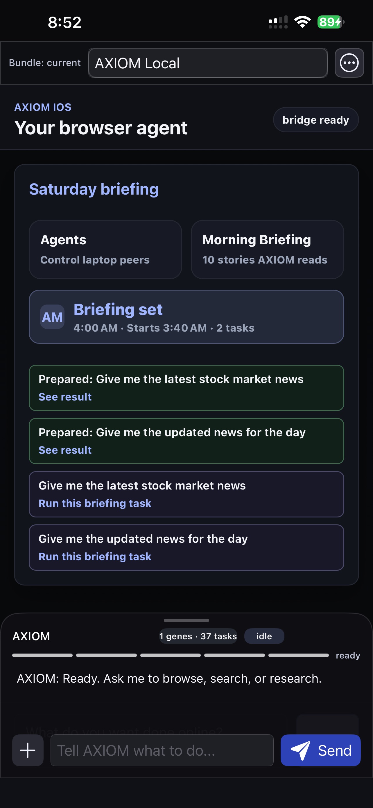 AXIOM daily briefing in dark mode