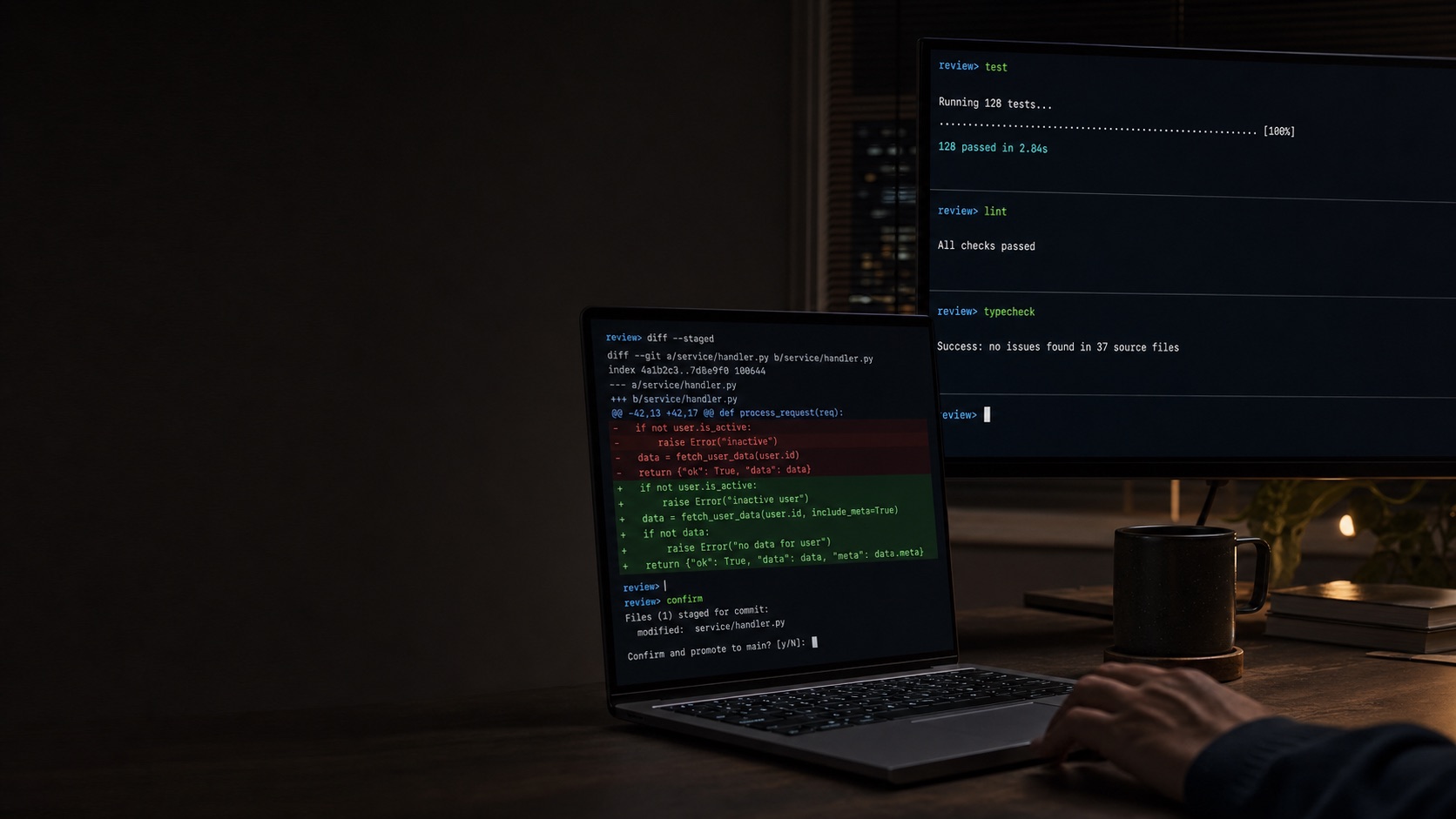A local terminal showing a staged code diff awaiting human promotion
